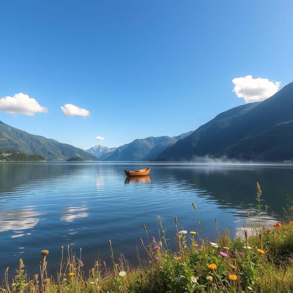 A serene landscape featuring a tranquil lake surrounded by lush green mountains under a clear blue sky