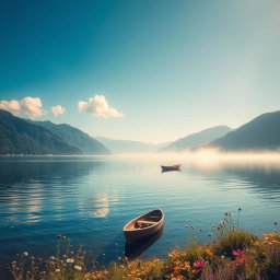 A serene landscape featuring a tranquil lake surrounded by lush green mountains under a clear blue sky