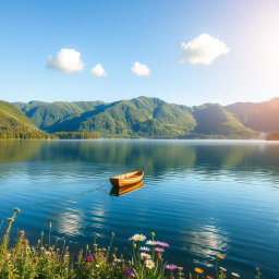 A serene landscape featuring a tranquil lake surrounded by lush green mountains under a clear blue sky
