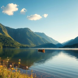 A serene landscape featuring a tranquil lake surrounded by lush green mountains under a clear blue sky