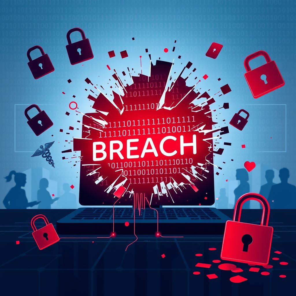 A conceptual illustration depicting a data breach in patient information