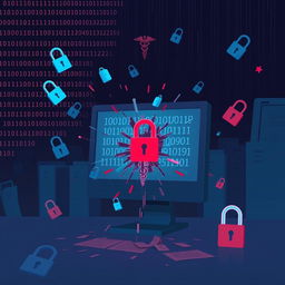 A conceptual illustration depicting a data breach in patient information