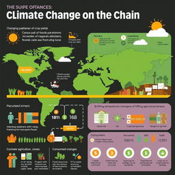 A detailed infographic illustrating the effects of climate change on the food supply chain