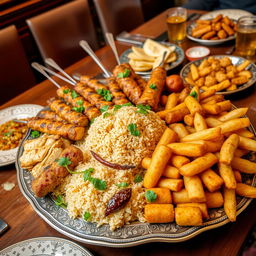 A delicious and colorful spread featuring grilled skewers of meat, traditional Saudi kabsa with fragrant rice and tender chicken, aromatic mandi rice served with spices, crispy falafel, and golden fried potatoes