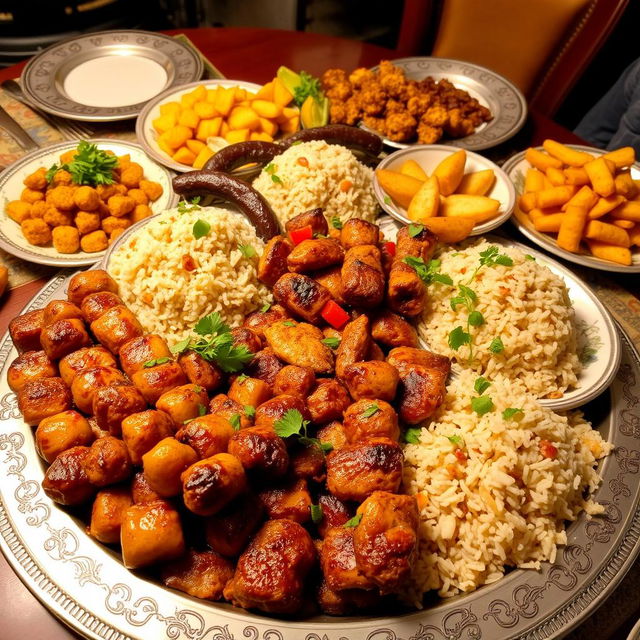 A delicious and colorful spread featuring grilled skewers of meat, traditional Saudi kabsa with fragrant rice and tender chicken, aromatic mandi rice served with spices, crispy falafel, and golden fried potatoes