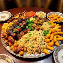 A delicious and colorful spread featuring grilled skewers of meat, traditional Saudi kabsa with fragrant rice and tender chicken, aromatic mandi rice served with spices, crispy falafel, and golden fried potatoes