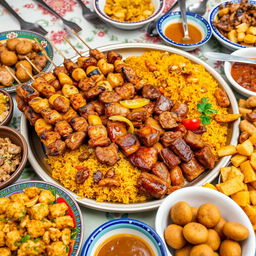 A vibrant and appetizing spread of Middle Eastern cuisine featuring an array of dishes