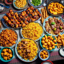 A vibrant and appetizing spread of Middle Eastern cuisine featuring an array of dishes