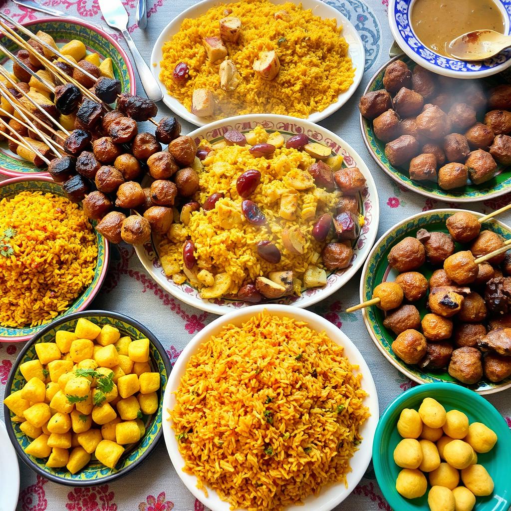 A vibrant and appetizing spread of Middle Eastern cuisine featuring an array of dishes
