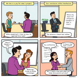 A comic strip showcasing a scenario in an office where two employees are in conflict over a project