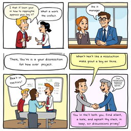 A comic strip showcasing a scenario in an office where two employees are in conflict over a project