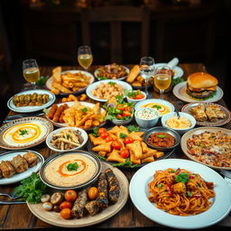 A beautifully arranged feast showcasing a variety of Middle Eastern and Western dishes