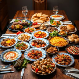 A beautifully arranged feast showcasing a variety of Middle Eastern and Western dishes
