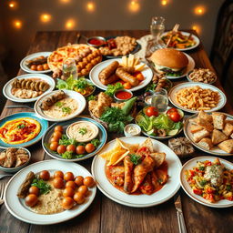 A beautifully arranged feast showcasing a variety of Middle Eastern and Western dishes