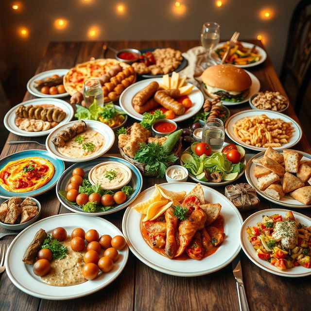 A beautifully arranged feast showcasing a variety of Middle Eastern and Western dishes