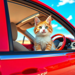 A cute and playful cat sitting inside a colorful car