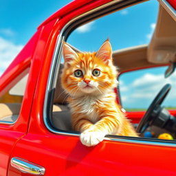 A cute and playful cat sitting inside a colorful car