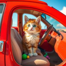 A cute and playful cat sitting inside a colorful car