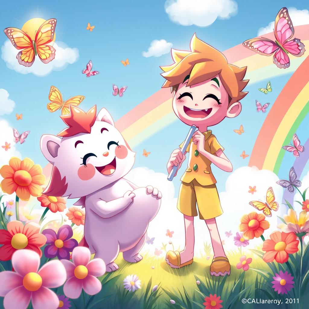 A whimsical scene featuring a joyful character, a cute furry animal, and vibrant flowers under a sunny sky