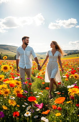 A picturesque scene featuring a couple, a male and female, walking hand in hand through a vibrant flower field