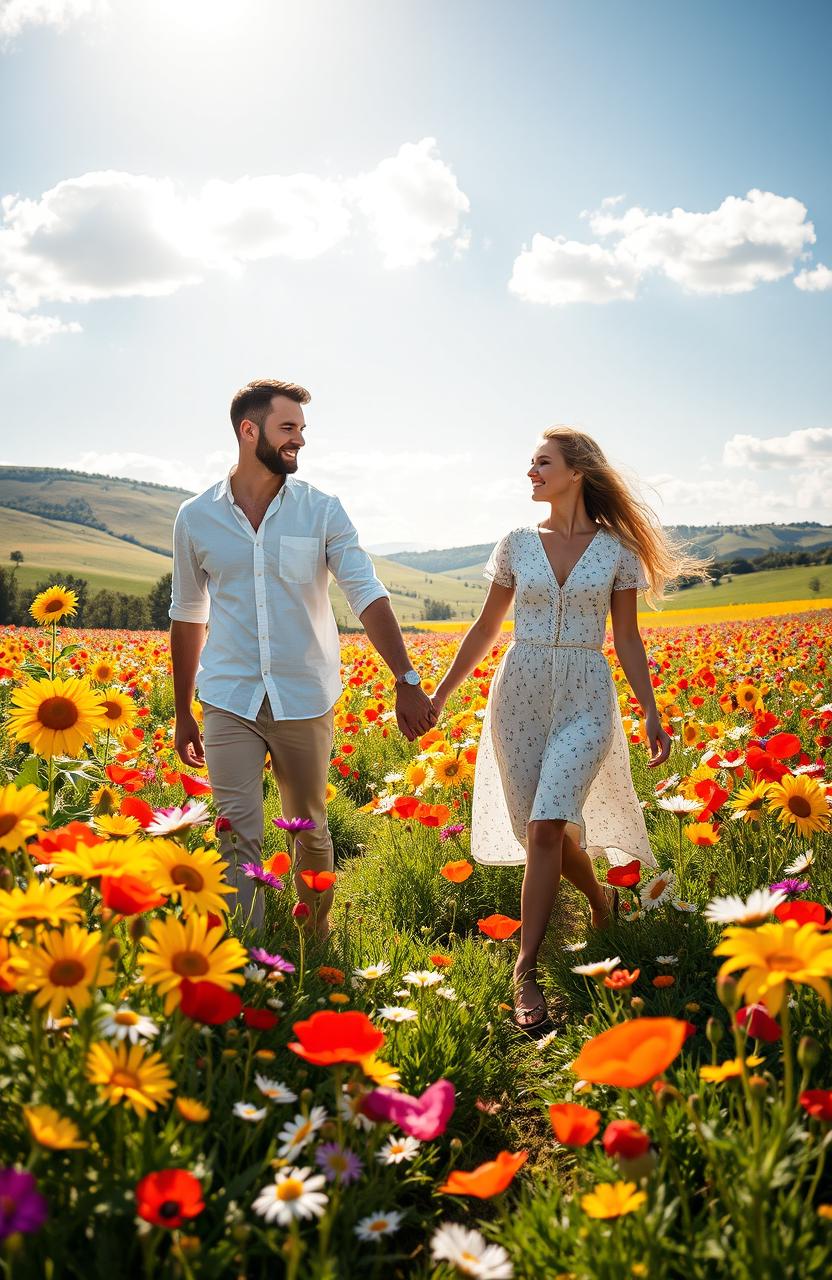 A picturesque scene featuring a couple, a male and female, walking hand in hand through a vibrant flower field