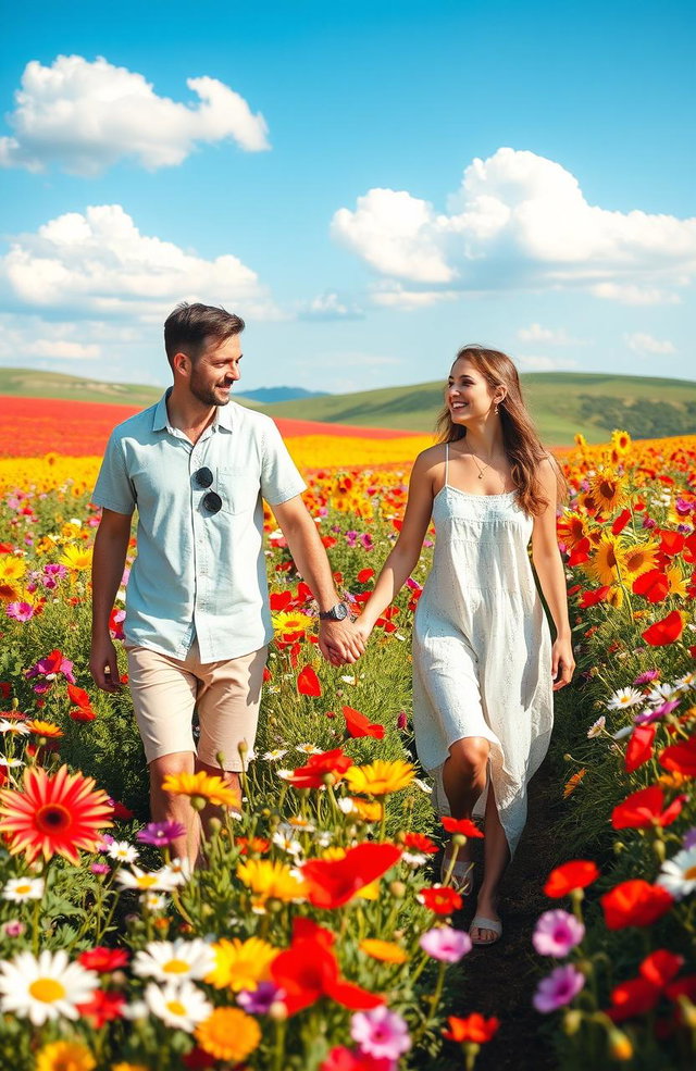 A picturesque scene featuring a couple, a male and female, walking hand in hand through a vibrant flower field