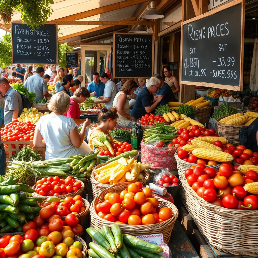 A bustling farmer's market showcasing a vibrant array of fresh produce, such as colorful fruits and vegetables, with signs indicating rising prices