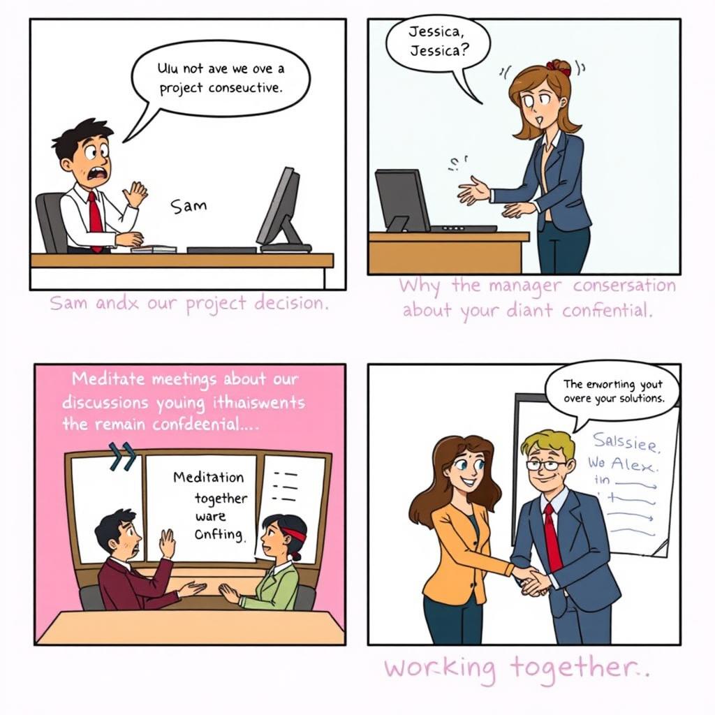 A comic strip illustrating a workplace scenario that involves conflict and the importance of confidentiality