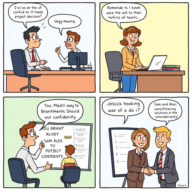 A comic strip illustrating a workplace scenario that involves conflict and the importance of confidentiality