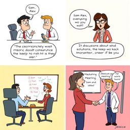 A comic strip illustrating a workplace scenario that involves conflict and the importance of confidentiality