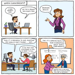 A comic strip illustrating a workplace scenario that involves conflict and the importance of confidentiality