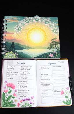 A beautiful and inspiring spiritual growth planner designed for manifestation, featuring intricate mandala patterns, soothing pastel colors, and ethereal imagery