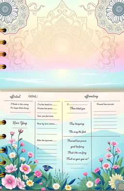 A beautiful and inspiring spiritual growth planner designed for manifestation, featuring intricate mandala patterns, soothing pastel colors, and ethereal imagery