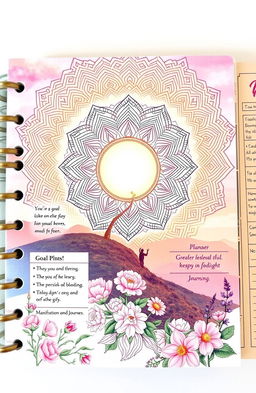 A beautiful and inspiring spiritual growth planner designed for manifestation, featuring intricate mandala patterns, soothing pastel colors, and ethereal imagery