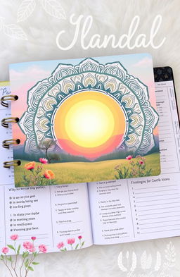 A beautiful and inspiring spiritual growth planner designed for manifestation, featuring intricate mandala patterns, soothing pastel colors, and ethereal imagery