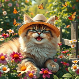 A hilarious scene of a fluffy cat wearing a tiny sun hat, lounging in a vibrant garden filled with blooming flowers and green foliage