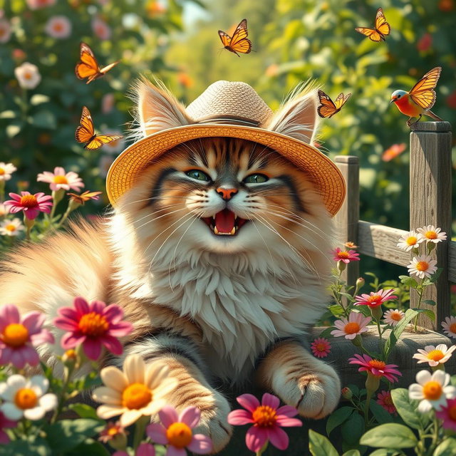 A hilarious scene of a fluffy cat wearing a tiny sun hat, lounging in a vibrant garden filled with blooming flowers and green foliage