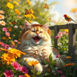 A hilarious scene of a fluffy cat wearing a tiny sun hat, lounging in a vibrant garden filled with blooming flowers and green foliage