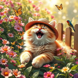 A hilarious scene of a fluffy cat wearing a tiny sun hat, lounging in a vibrant garden filled with blooming flowers and green foliage