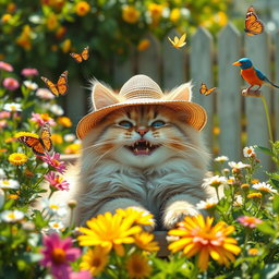 A hilarious scene of a fluffy cat wearing a tiny sun hat, lounging in a vibrant garden filled with blooming flowers and green foliage