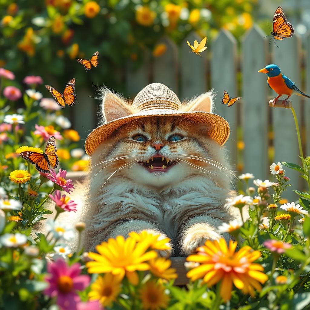 A hilarious scene of a fluffy cat wearing a tiny sun hat, lounging in a vibrant garden filled with blooming flowers and green foliage