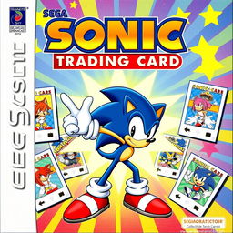 A nostalgic and vibrant cover art for a Sonic trading card game for the Sega Dreamcast titled 'Sonic Trading Card'