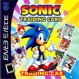 A nostalgic and vibrant cover art for a Sonic trading card game for the Sega Dreamcast titled 'Sonic Trading Card'