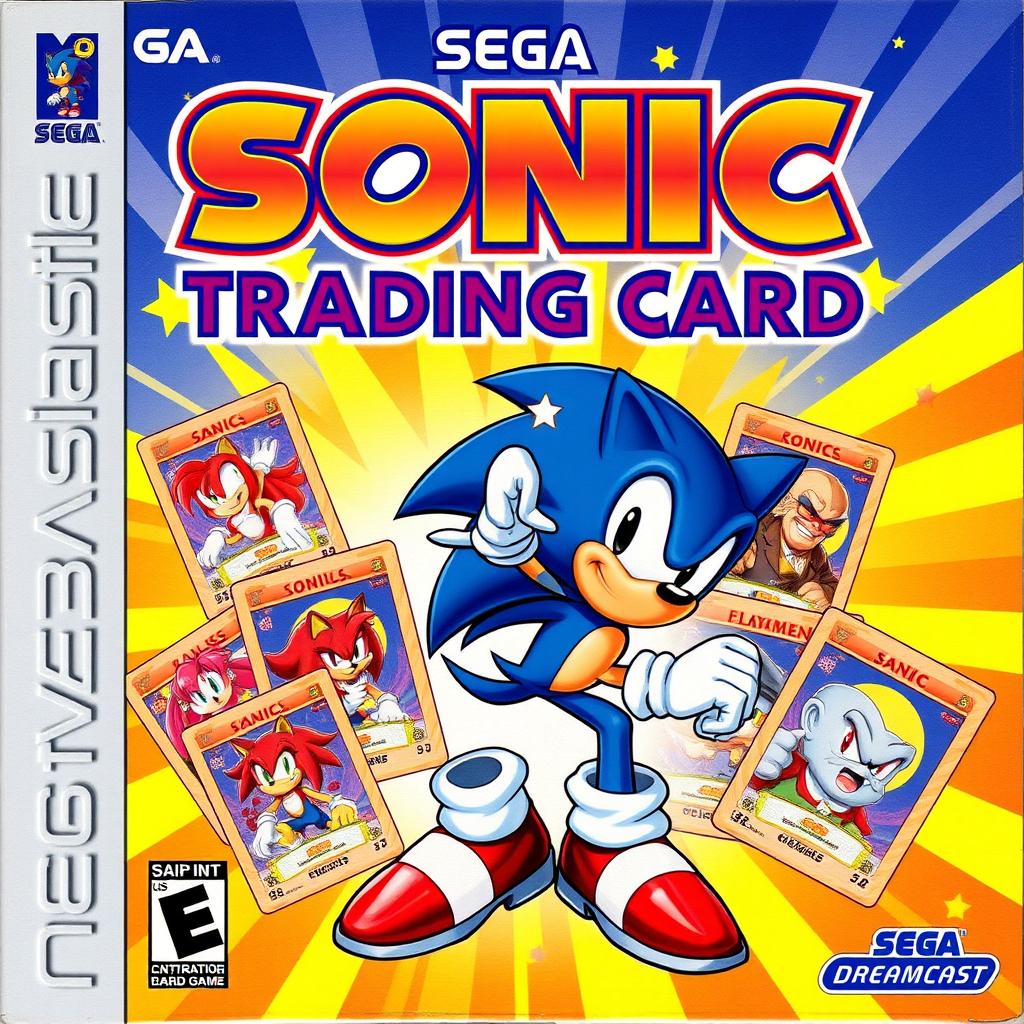 A nostalgic and vibrant cover art for a Sonic trading card game for the Sega Dreamcast titled 'Sonic Trading Card'