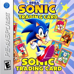 A nostalgic and vibrant cover art for a Sonic trading card game for the Sega Dreamcast titled 'Sonic Trading Card'