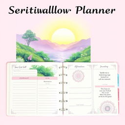 A beautifully designed spiritual growth planner for manifestation, featuring a cover that showcases a radiant sunrise over a tranquil landscape filled with lush greenery and gentle flowing water