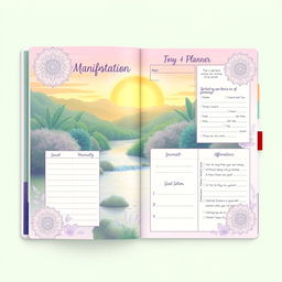 A beautifully designed spiritual growth planner for manifestation, featuring a cover that showcases a radiant sunrise over a tranquil landscape filled with lush greenery and gentle flowing water