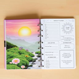 A beautifully designed spiritual growth planner for manifestation, featuring a cover that showcases a radiant sunrise over a tranquil landscape filled with lush greenery and gentle flowing water