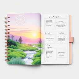 A beautifully designed spiritual growth planner for manifestation, featuring a cover that showcases a radiant sunrise over a tranquil landscape filled with lush greenery and gentle flowing water