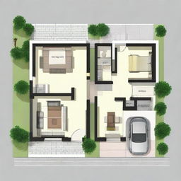 A 2 bedroom, 2 washroom house plot map design with car parking, fitting a 30x30 feet plot, encompassing both front elevation view and interior design. The design should showcase sensible space management and attractive architectural features.